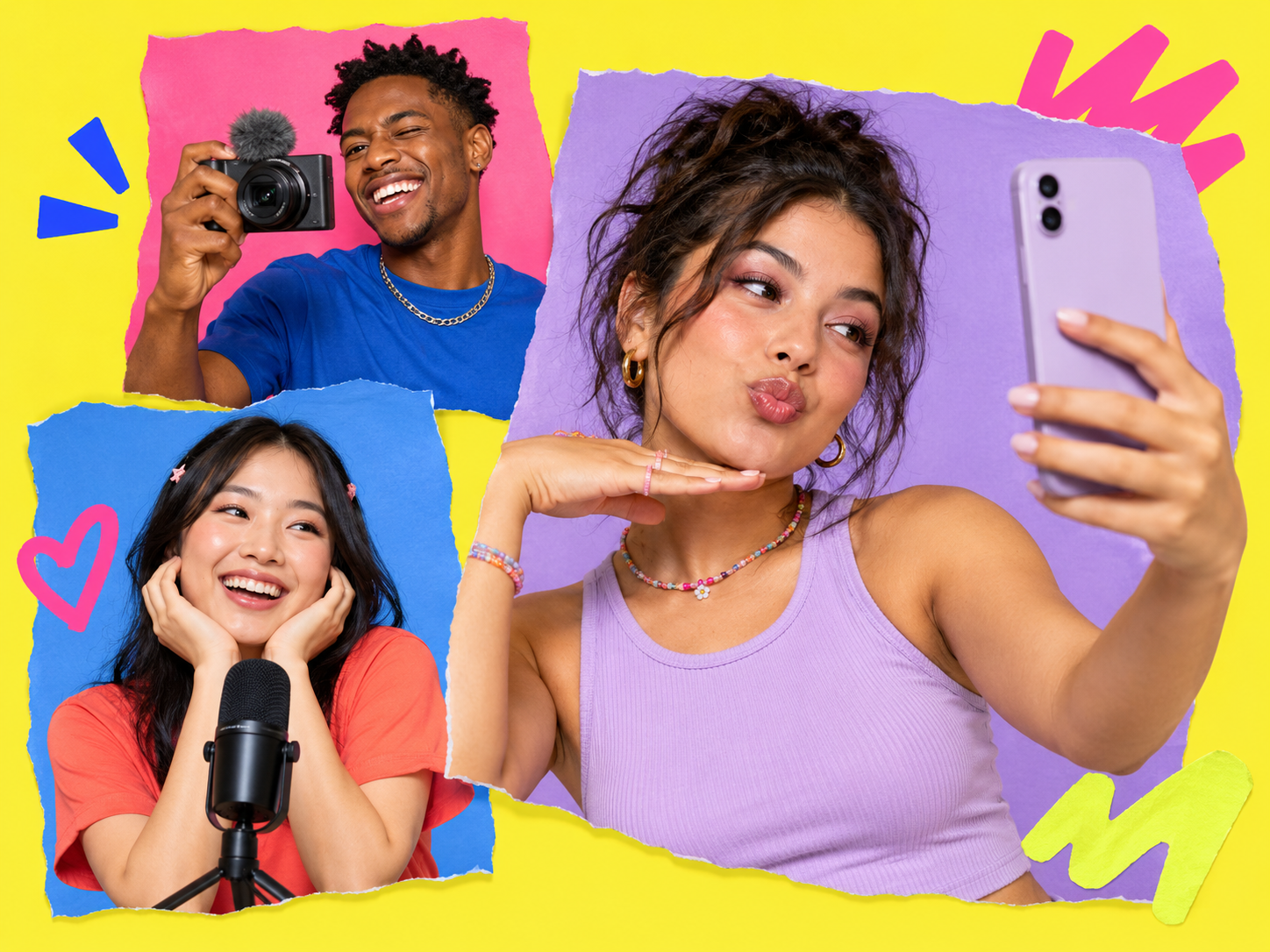 Creative collage of three people filming lifestyle content, recording video, and speaking into a microphone.